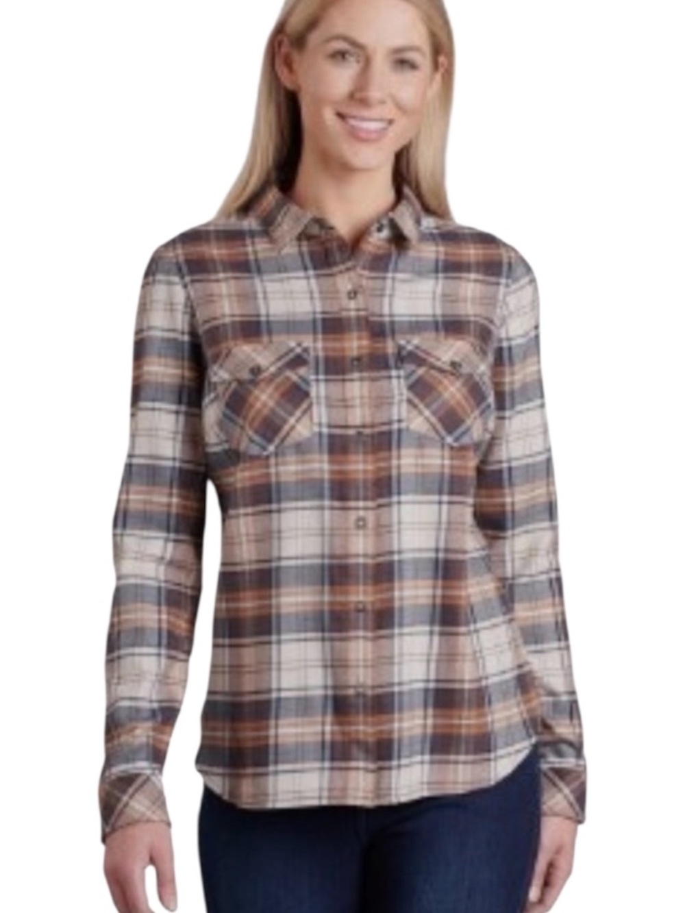 Kuhl Tess Flannel Shirt Long Sleeve Snap Front Copper Plaid Top Women's Medium M